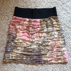 Express ruffled tie dye patterned mini skirt